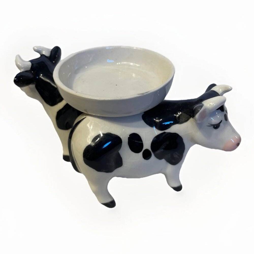 Small Ceramic Holstein Cows Trinket or Salt Dish 2.5 in Tall Unmarked Farm Anima